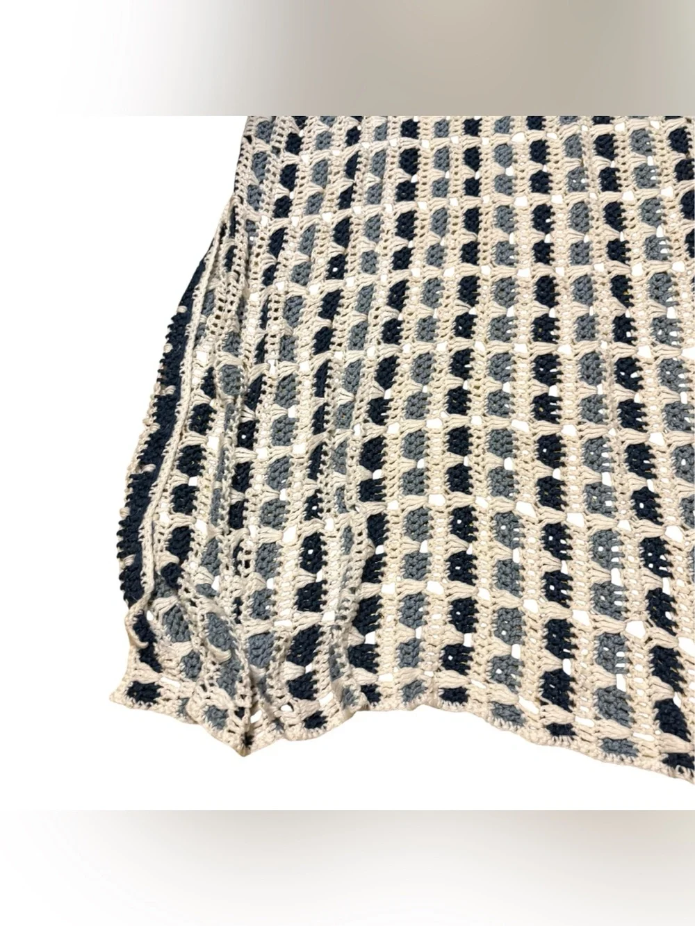 Vintage Crochet Knit Afghan Blanket Handmade Granny Blue White 69”x67”
